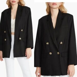 Steve Madden Women Double Breasted Linen Blend Blazer Size Small Black Oversized